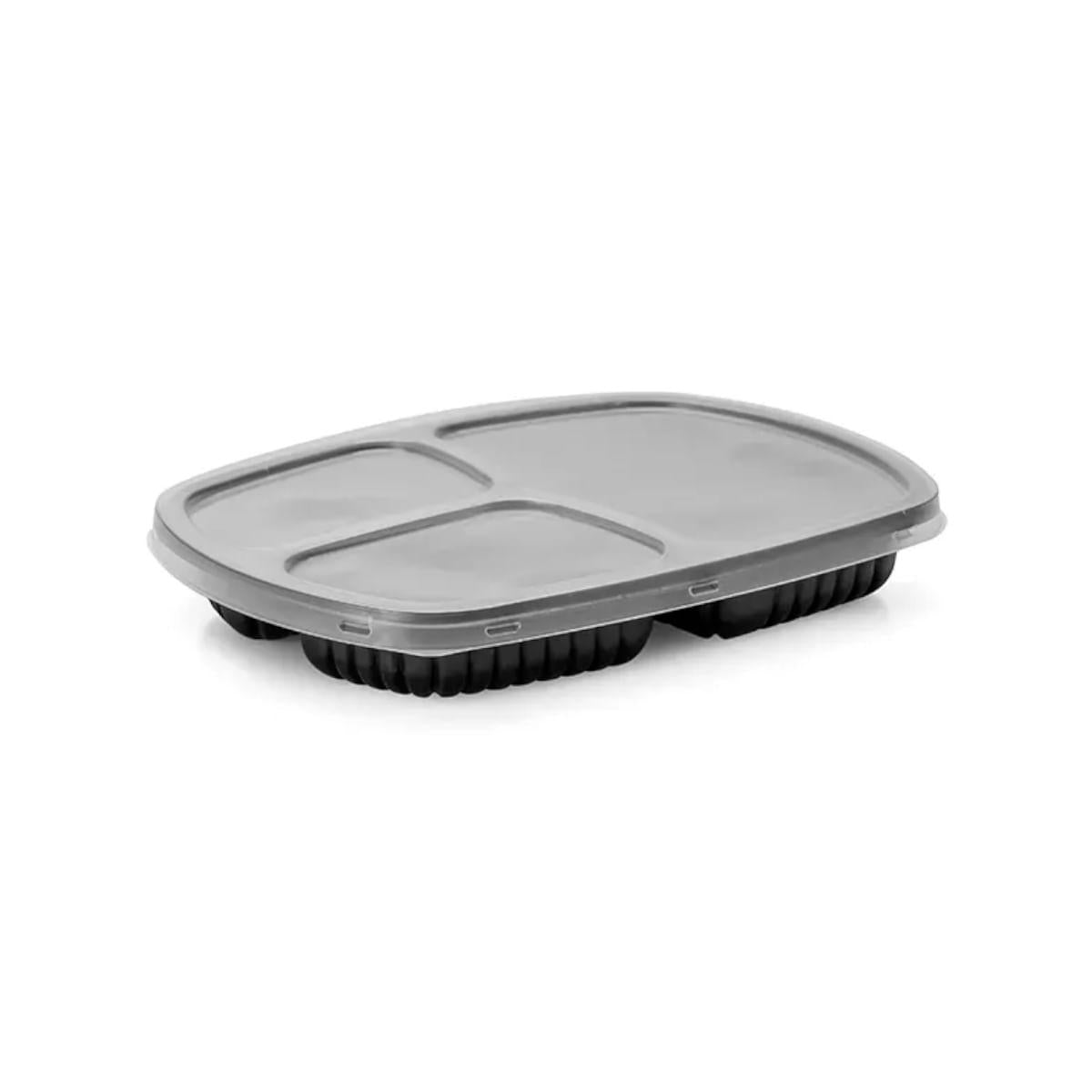 100un Bandeja Refeição com 3 Divisórias 850ml G331 Preto Freezer Microondas Galvanotek